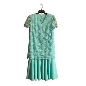 Vtg Gilberti Lace Dress Women's Sz 18 Midi Mint Green Formal Feminine Cottage